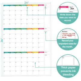 DeBiao 24" x 36" Dry Erase Wall Calendar large - Undated 3-Month Agenda Planner Calendar, Erasable and Reusable Whiteboard, 20 non-mark round double-sided glue, Vertical Layout for Office, Classroom, or Home