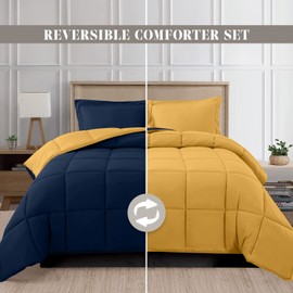 Elegant Comfort 3-Piece Reversible Comforter Set, All Season Cozy, Soft Down Alternative, Quilted - Box Stitched - Duvet Insert with 4 Corner Tabs, Comforter with Shams, Twin XL, Navy/Yellow