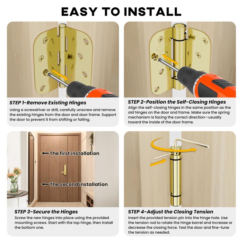 goldenwarm 4pack Polished Brass Door Hinges 4 Inch Self Closing