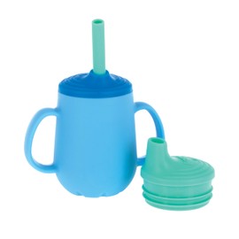 Nuby 3-Stage Training Cup Set - Silicone Tumbler with Spout and Straw Combo - 4 oz - 6+ Months - Blue and Aqua