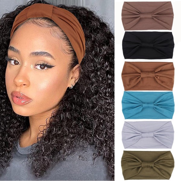 XTREND 6 Packs Women Wide Hair Bands Hair Fashion Elastic Hair Bands Large Boho Style Non-Slip Workout Yoga Solid Color Girls Hair Accessories （Coffee, Peacock Blue, Army Green, Gray, Caramel, Black）