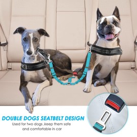 SlowTon Double Dog Seatbelt, Dual Pet Car Seat Belt Adjustable Double Dog Coupler Lead with Elastic Bungee and Reflective Stripe No Tangle Safety Belt Splitter in Vehicle for Two Pets Trip Travel
