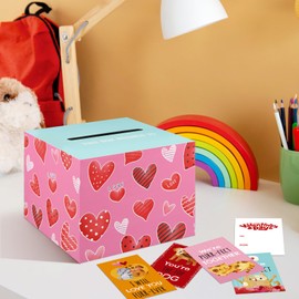 DISJOURNEY Pink Valentines Boxes for Kids - Valentine Gift Box Including 32 Valentine Cards Set with Adorable Pet themed Designs and Heart Decorated Mailbox Valentines Day Basket Valentines Day Box