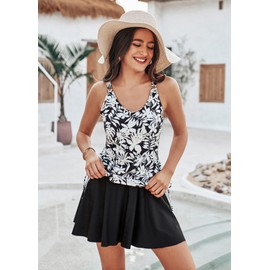 Kate Kasin Womens Tankini Bathing Suits Tummy Control Two Piece V Neck Ruched Swimsuits with Skirt Slimming Beach Swim Dress Black Floral