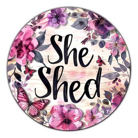 macago Vintage She Shed Round Metal Sign She Shed Decor Rustic Wreath Wall Decoration for Home Kitchen Garden Women Cave Indoor Outdoor Home Porch Window Decor 8 Inch