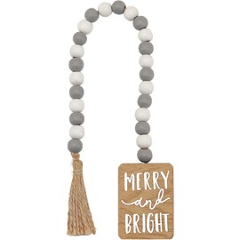 Merry and Bright Wood Beads Decor with Jute Tassels, Wooden Bead String Wall Hanging for Christmas, Holiday Decoration, Rustic Christmas Coffee Table Decor for Home, Office