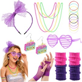 Accesorios de neón 80s para mujer – Guantes de red, diadema de encaje y pulseras