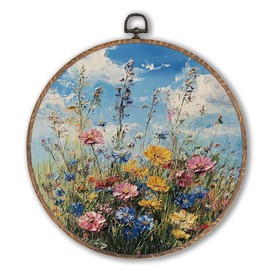 Hxlac Watercolor Wildflower Field Round Wall Art Framed, Vintage Botanical Round Wall Decor, Farmhouse Colorful Flower Hanging Canvas Prints Wall Sculptures for Home Room Decor, 10x10 Inch