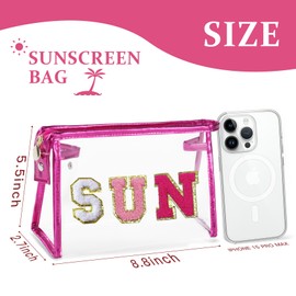 COSHAYSOO Sunscreen Bag Clear Makeup Toiletry Pouch Small for Women Teen Girls Beach Bogg Bags Accessories Face Sunscreens Spf 50 Sunblock Suncream Tan Tanning Lotion Summer Things Essentials Pink SUN