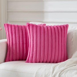 BBiggood Hot Pink Throw Pillow Covers 18x18 Set of 2, Soft Cozy Velvet Striped Decorative Cushion Covers Faux Rabbit Fur Pillow Covers, Home Decor Pillow Covers for Couch Sofa Livingroom.