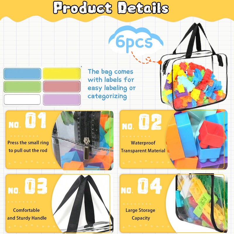 6PCS Toy Storage Bags, Clear Waterproof Toy Organizer Bags with