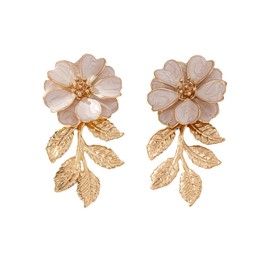 Bohemian Camellia Flower Earrings for Women Vintage Blue White Floral Drop Dangle Earrings Gold Long Leaf Statement Stud Earrings Lightweight Summer Beach Jewelry, Large, Metal, No Gemstone