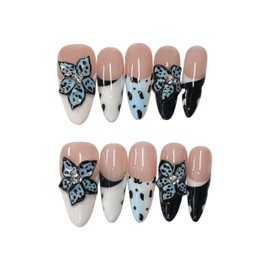 Press-On Nails, Almond Shape, Nude Pink with Rhinestone Accent, 10 Pieces (Blue Devil's flower, Medium hands)