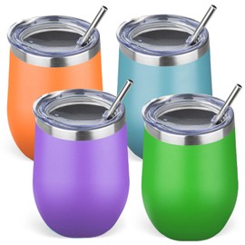 GUDEMAO GUDEMAO 12oz/4 Pack Stainless Steel Wine Tumbler with Lid and Straw, Double Wall Vacuum Insulated Wine Tumbler Glasses, Stemless Travel Mugs for Hot and Cold Drinks, Coffee, Wine, Cocktails