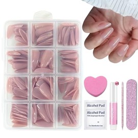 Pack of 240 Natural Acrylic Artificial Nails with Nail Glue - Nude Nail Tips Full Cover Nail Tips - Glossy Press on Nails for Women and Girls (Nude Almond)