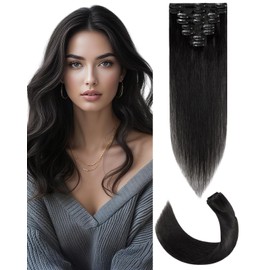 SLEEKALON Hair Extensions Clip in Real Human Hair Remy #1 Jet Black - 14 Inch 60 Gram 8 Pcs Invisible Full Head Weft Straight