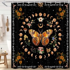 Boziqr Boho Mushroom Butterfly Shower Curtains for Bathroom, Moon Floral Shower Curtain, Modern Abstract Aesthetic Black Bathroom Shower Curtain Set with Hooks 72x72 Inch