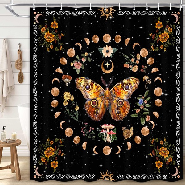 Boziqr Boho Mushroom Butterfly Shower Curtains for Bathroom, Moon Floral