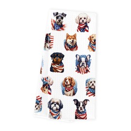 Patriotic Dog Kitchen Towels with American Flag Independence Day Dish Towels Decorations 4th of July Decor Dog Lovers Gifts Waffle Weave Tea Hand Towel for Farmhouse Home Decor 14 x 23 Inches