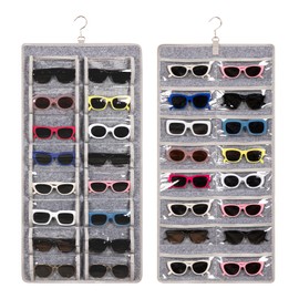 KGMCARE Dual Sided Sunglasses Storage organizer case, Eyeglasses Holder Wall Mounted with 32 Clear Slots & Metal Hook, Dust Proof Sunglasses Storage Case