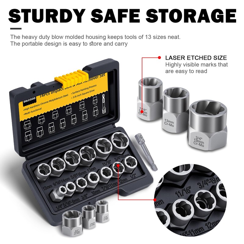 Bolt Extractor Kit, 14 PCS Impact Bolt & Nut Remover