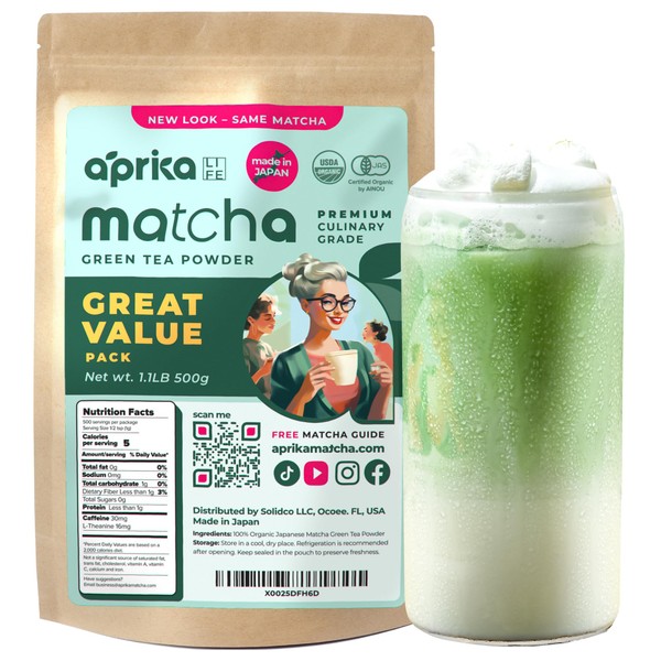 100% Organic Matcha Green Tea Powder - Premium Japanese Matcha - Best for Delicious Matcha Latte, Yummy Smoothie, Desserts & Baking - No Sugar Added - 1.1 lbs (500g) - by AprikaLife