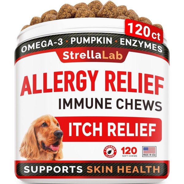 StrellaLab Dog Allergy Relief — Itchy Skin Treatment with Omega 3 & Pumpkin, Dogs Itching and Licking Treats, Itch Chew, Supplements, Hotspot for Dogs, Anti Support