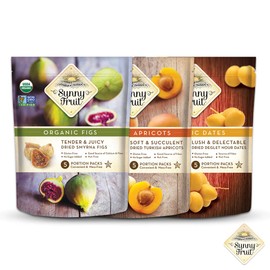ORGANIC Dried Fruit Assortment - Sunny Fruit Dates, Figs & Apricots (3 Bags) - (5) 1.76oz Portion Packs per Bag - NO Added Sugars, Sulfurs or Preservatives | NON-GMO, VEGAN & HALAL