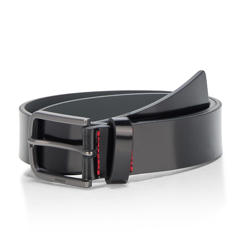 HUGO, Gurth Smooth Leather Belt, black gloss, 32
