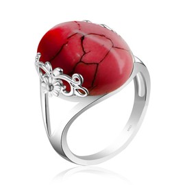 DALEGEM Natural Red Oval Turquoise Stone Crystal Ring for Women,S925 Sterling Silver Real Genuine Quartz Gemstone Turkish Turkey Ring Jewelry (Stone_B, 8)