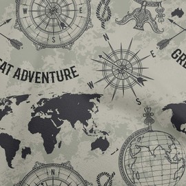 oneOone Velvet Dusty Green Fabric Tea Kettle Map Quilting Supplies Print Sewing Fabric by The Meter 58 Inch Wide