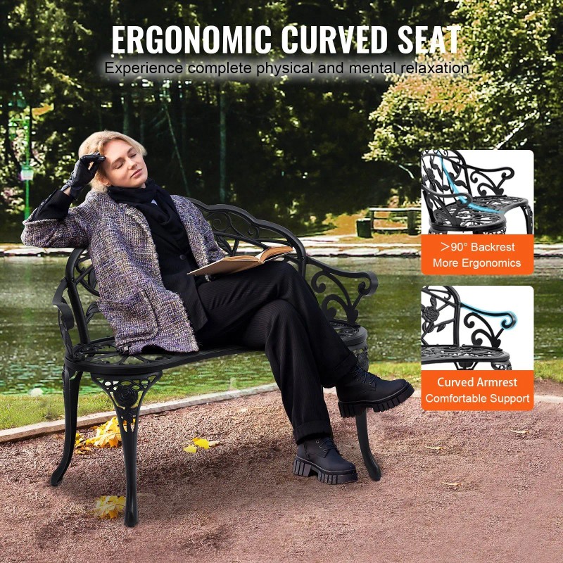 Metal Garden Bench 38.8 Inches With Backrest Armrests Traditional Style