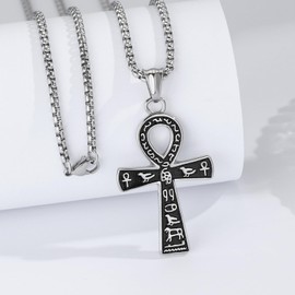 Yaumatea Ankh Cross Necklace, Key of Life Pendant, Ancient Egyptian Religious Jewelry, Powerful Protection Amulet, Stainless Steel 24" Chain (Ankh Cross, Silver)