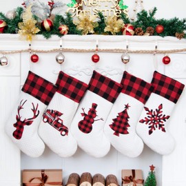 LUBOT Set of 5 Christmas Stocking(20inch) Silhouette Buffalo Red Plaid/Rustic/Farmhouse/Country Cotton Fireplace Hanging Xmas Stockings Decorations for Family Holiday Season Decor