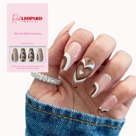 Brown Heart Press On Nails 28 Pcs with Glue Kit Medium Coffin Length for Women Glossy with Designs Sticky Tabs with Everything Reusable Trendy Natural Artificial (Brown Heart)