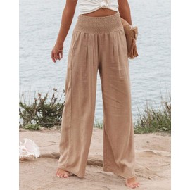 Vansha Women Summer High Waisted Cotton Linen Palazzo Pants Wide Leg Long Lounge Pant Trousers with Pocket Khaki XL