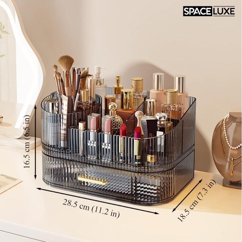 SpaceLuxe Makeup Organizer with Drawers and 360° Rotating Brush Holder,