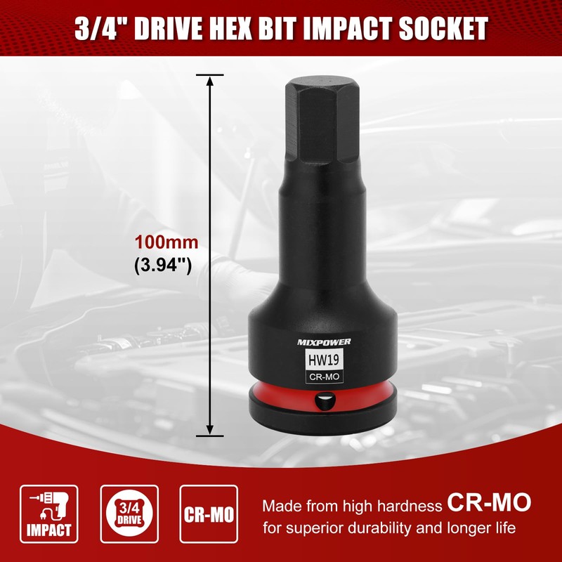 MIXPOWER 3/4" Drive 19mm Hex Impact Bit Socket, Allen Bit