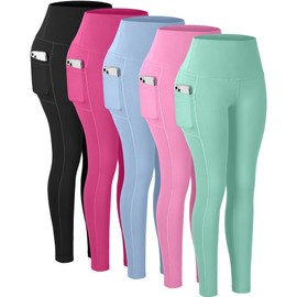 CHRLEISURE Leggings with Pockets for Women, High Waisted Tummy Control Workout Yoga Pants(5 Packs, Black,Rose,Blue,Green,Pink, L)