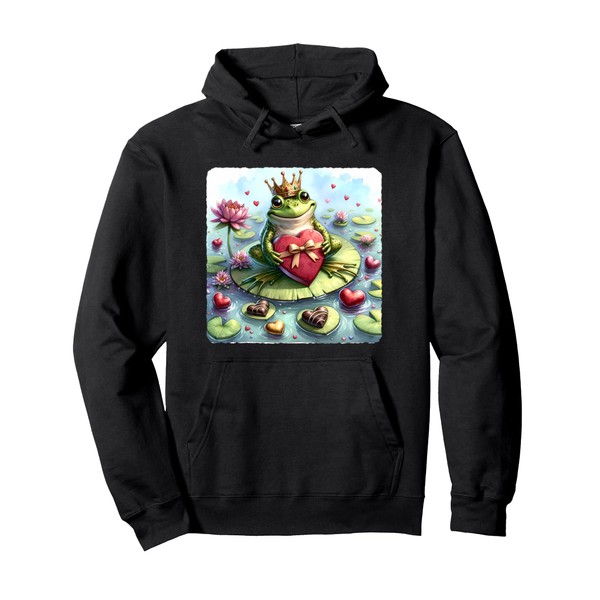 Frog Awaits Valentine's Princess With Chocolates On Lilypad Pullover Hoodie