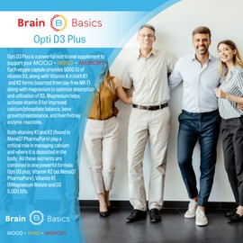 Brain Basic Opti D3 Plus - Vitamin D3 5000 IU with K1, K2, and Magnesium - Brain Support Supplement for Mood, Mind, Memory - Bone, Muscle, and Immune Health - Gluten Free, Soy Free, and Dairy Free