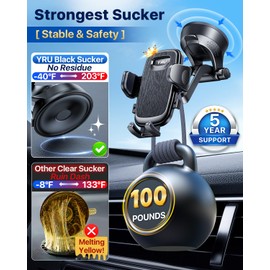 YRU 【2026 Upgrade & Military-Grade】 Car Phone Holder Mount【100+LBS Strong Suction & Flexible Low-Profile Arm】 Dashboard Windshield Vent Truck, Cradle for iPhone17 16 Pro Max, Dark Black
