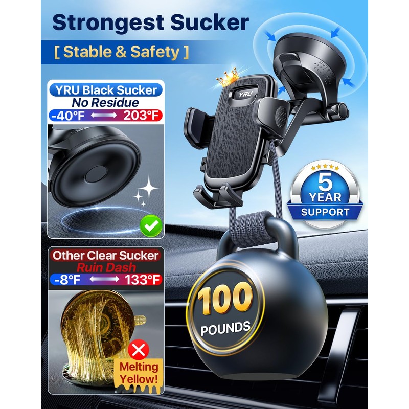 YRU 【2026 Upgrade & Military-Grade】 Car Phone Holder Mount【100+LBS Strong