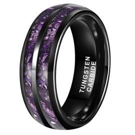 TUTISS 8mm Black Tungsten Rings for Men Women Purple Amethyst Inlay Fashion Engagement Promise Wedding Band Polished Comfort Fit Size 10