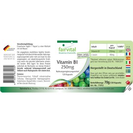 Fairvital Vitamin B1 (Thiamine) 250 mg - 120 Capsules - Quality Tested and High Dose - 100% Vegan - Made in Germany