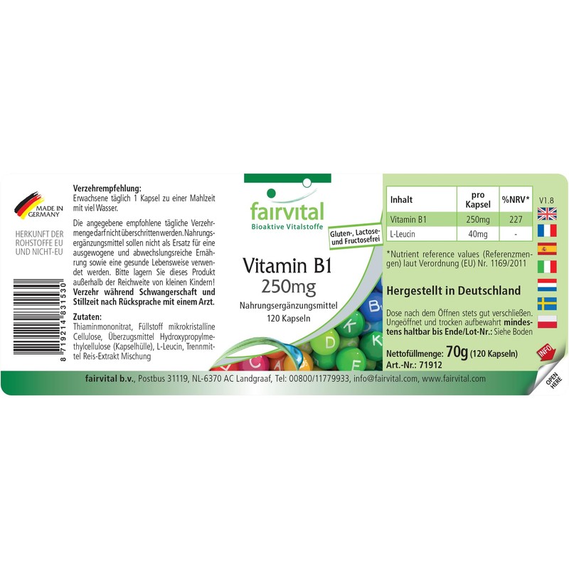 Fairvital Vitamin B1 (Thiamine) 250 mg - 120 Capsules -