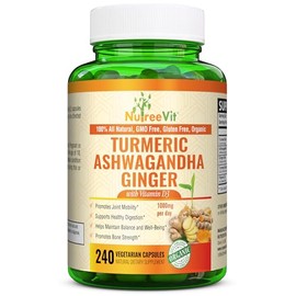 NutreeVit Organic Turmeric with Ashwagandha & Ginger - 240 Capsules | Ashwagandha Root & Turmeric Supplement with Vitamin D3 | Herbal Supplement for General Wellness
