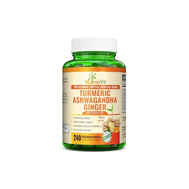 NutreeVit Organic Turmeric with Ashwagandha & Ginger - 240 Capsules