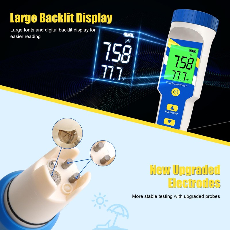 Yewhick Pool Salt Tester pH Meter, Digital 7 in 1