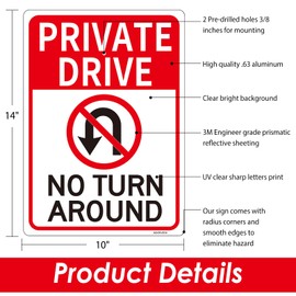 Large Private Drive Sign, No Turn Around Sign with 36" Metal Stakes, 14"x10" Rust Free Reflective Aluminum Metal Sign, Fade Resistant, Weatherproof, Easy to Install